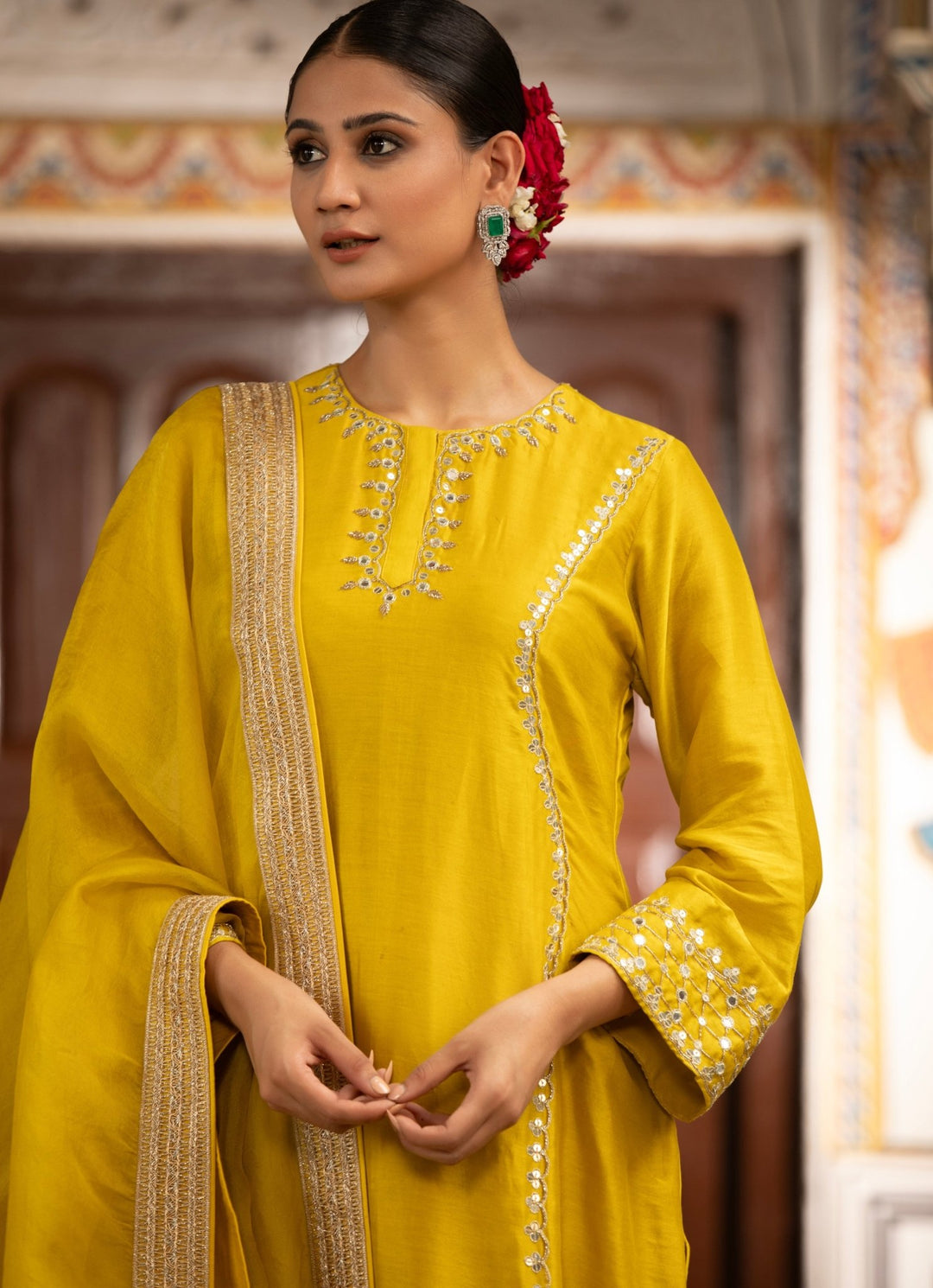 Yellow Silk Chanderi Kurta Churidar Set Neha Khullar - Fabilicious Fashion