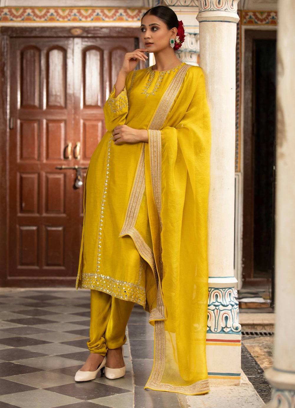 Yellow Silk Chanderi Kurta Churidar Set Neha Khullar - Fabilicious Fashion