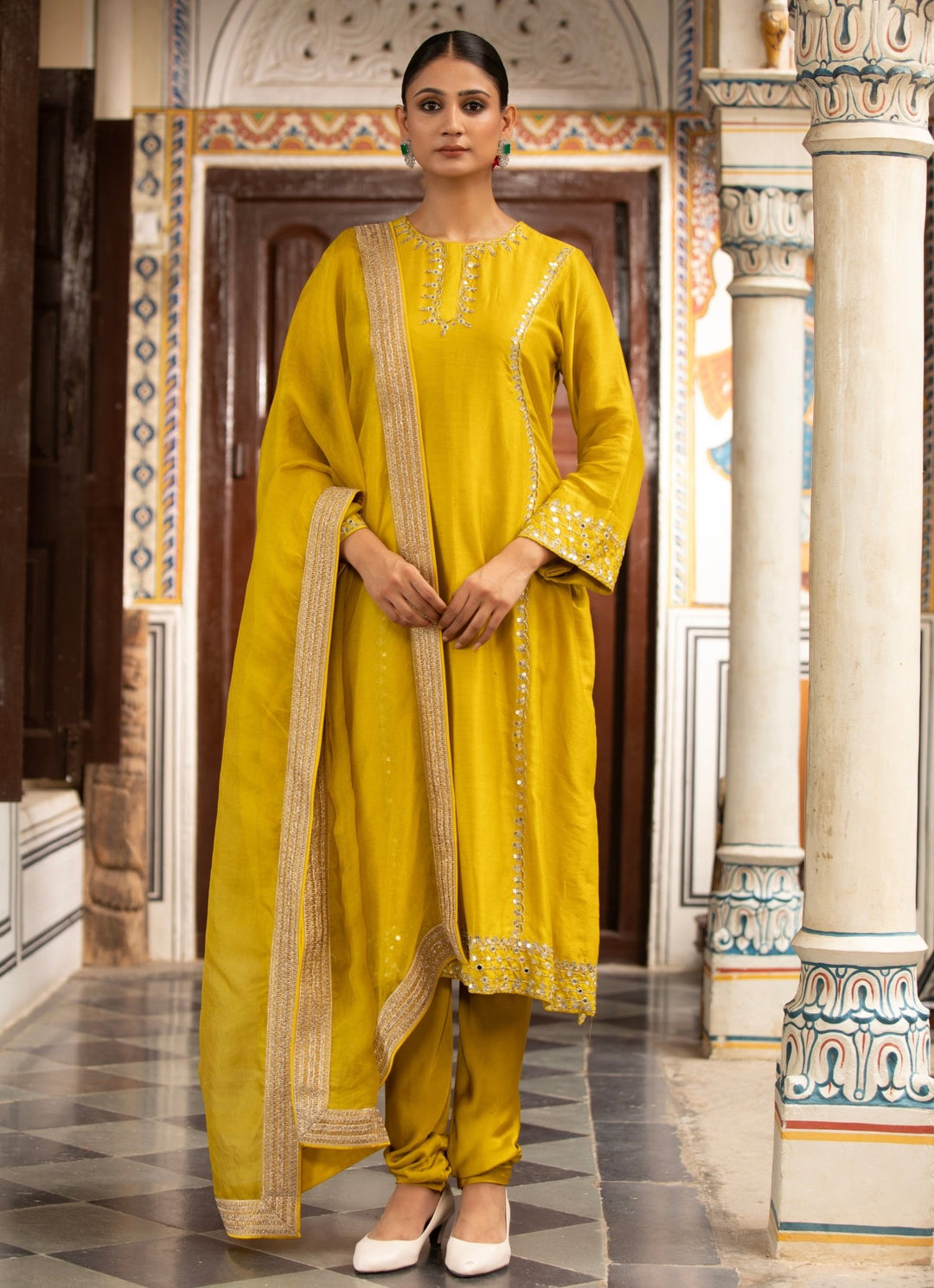 Yellow Silk Chanderi Kurta Churidar Set Neha Khullar - Fabilicious Fashion