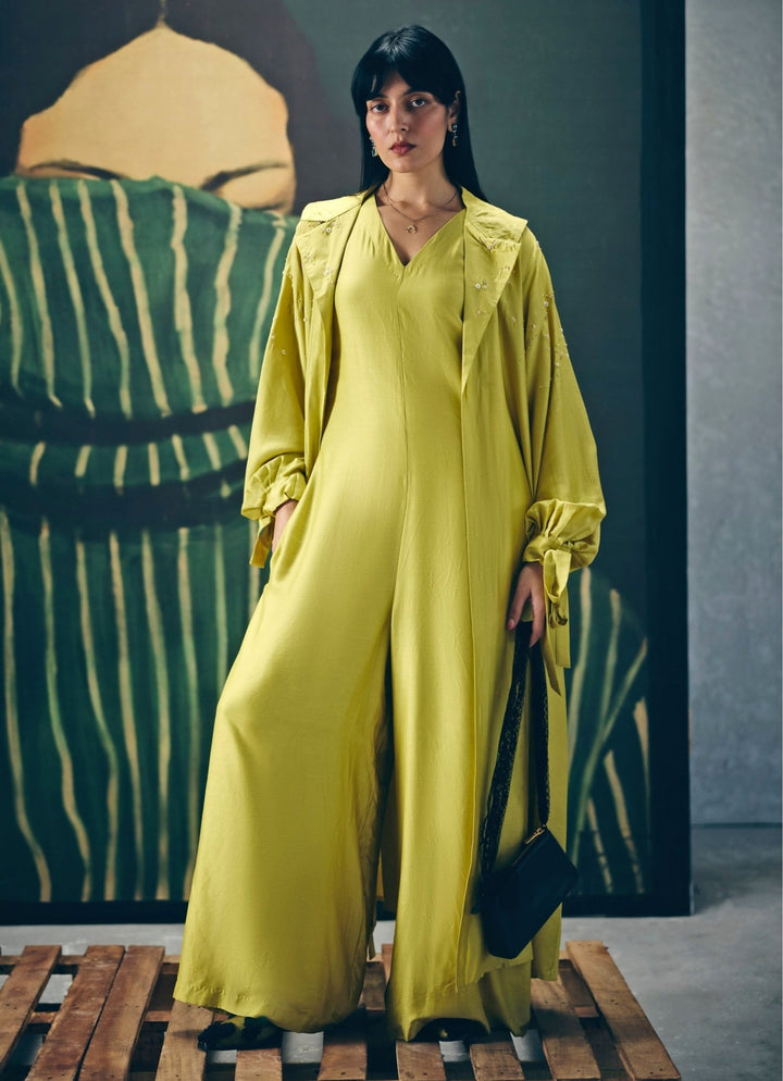 Paulmi and Harsh X Ease Yellow Silk Jumpsuit With JacketFabilicious Fashion