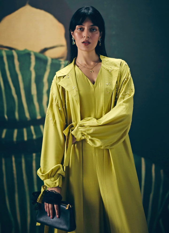 Paulmi and Harsh X Ease Yellow Silk Jumpsuit With JacketFabilicious Fashion