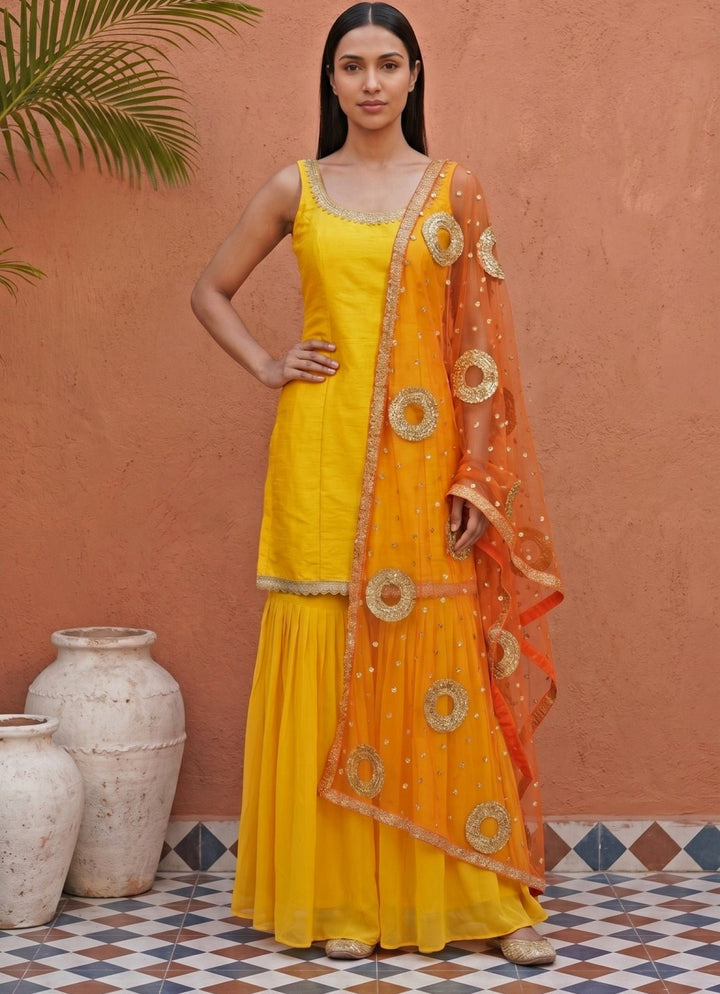 Anisha Shetty Yellow Silk Kurta Sharara With Ombre DupattaFabilicious Fashion