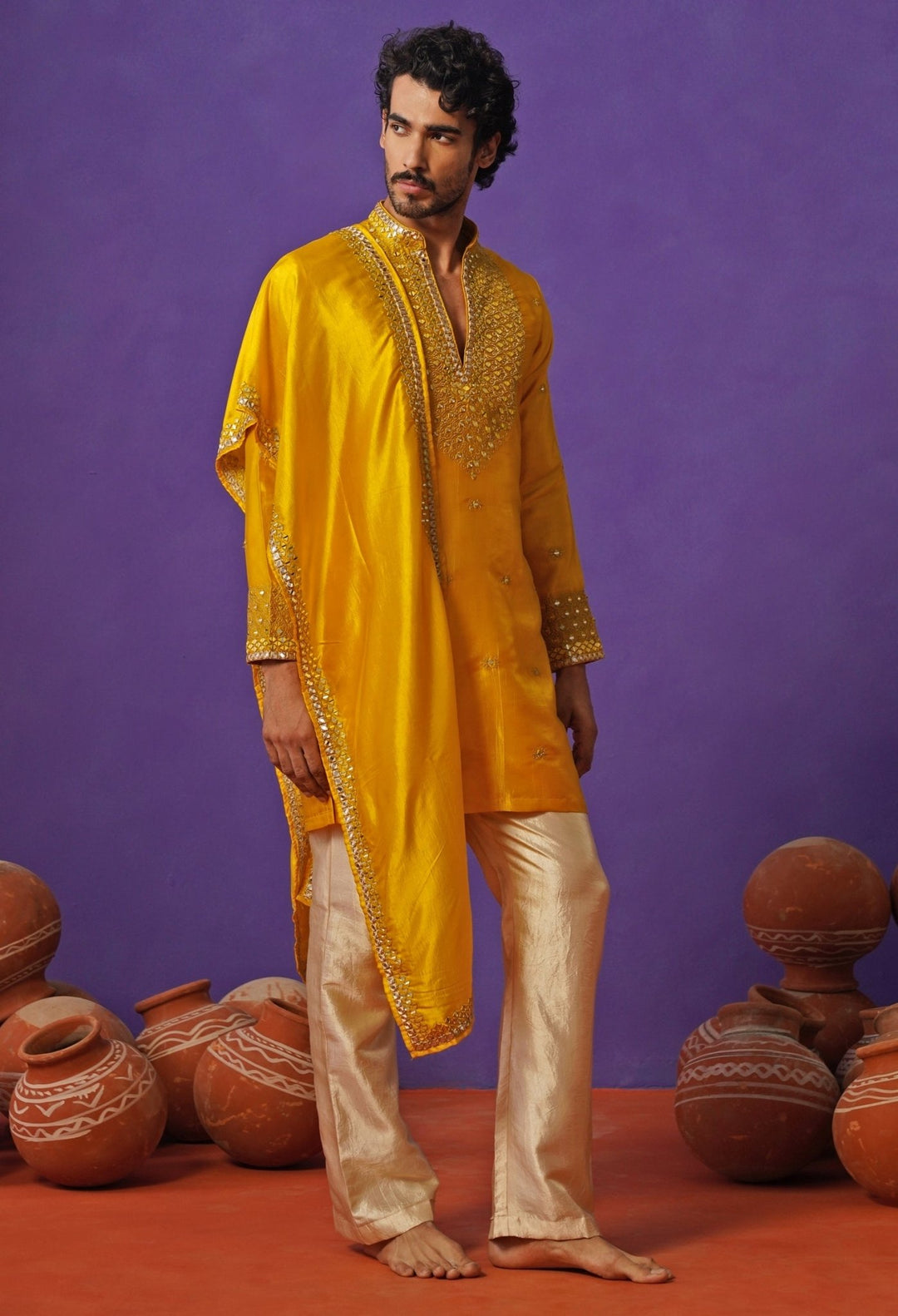 Kalpraag Yellow Silk Mirror Kurta Set with DupattaFabilicious Fashion