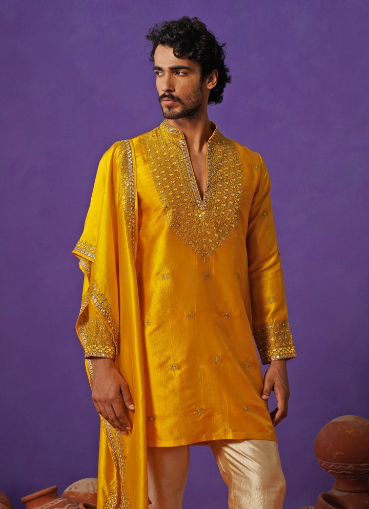 Kalpraag Yellow Silk Mirror Kurta Set with DupattaFabilicious Fashion