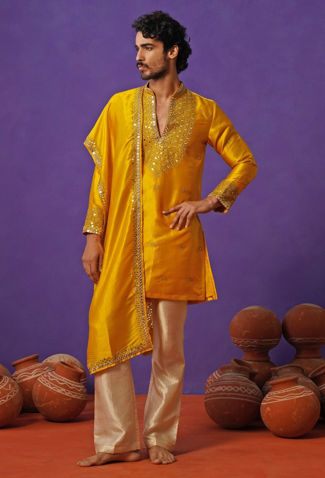 Kalpraag Yellow Silk Mirror Kurta Set with DupattaFabilicious Fashion
