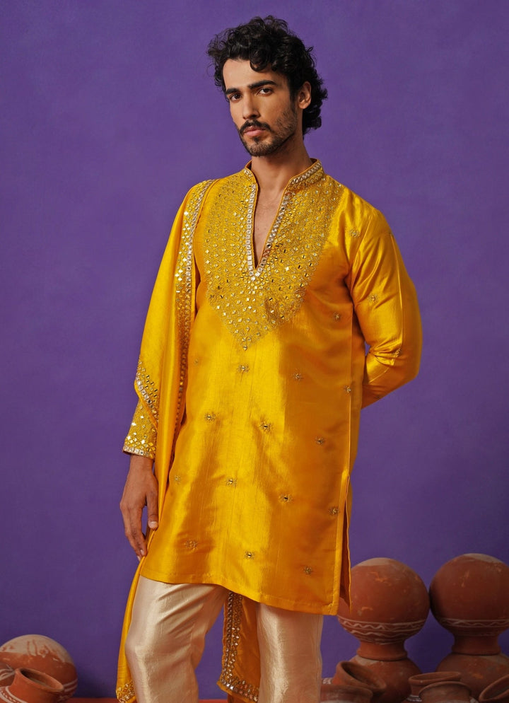 Kalpraag Yellow Silk Mirror Kurta Set with DupattaFabilicious Fashion