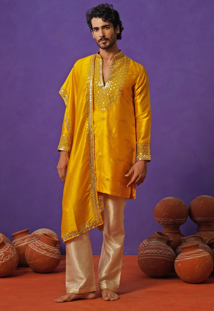Kalpraag Yellow Silk Mirror Kurta Set with DupattaFabilicious Fashion