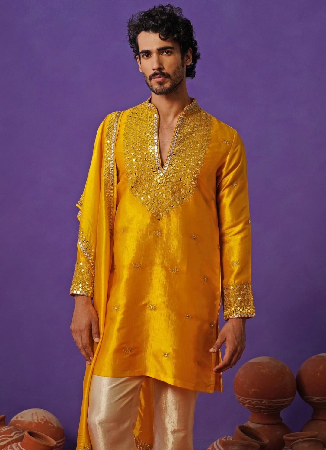 Kalpraag Yellow Silk Mirror Kurta Set with DupattaFabilicious Fashion