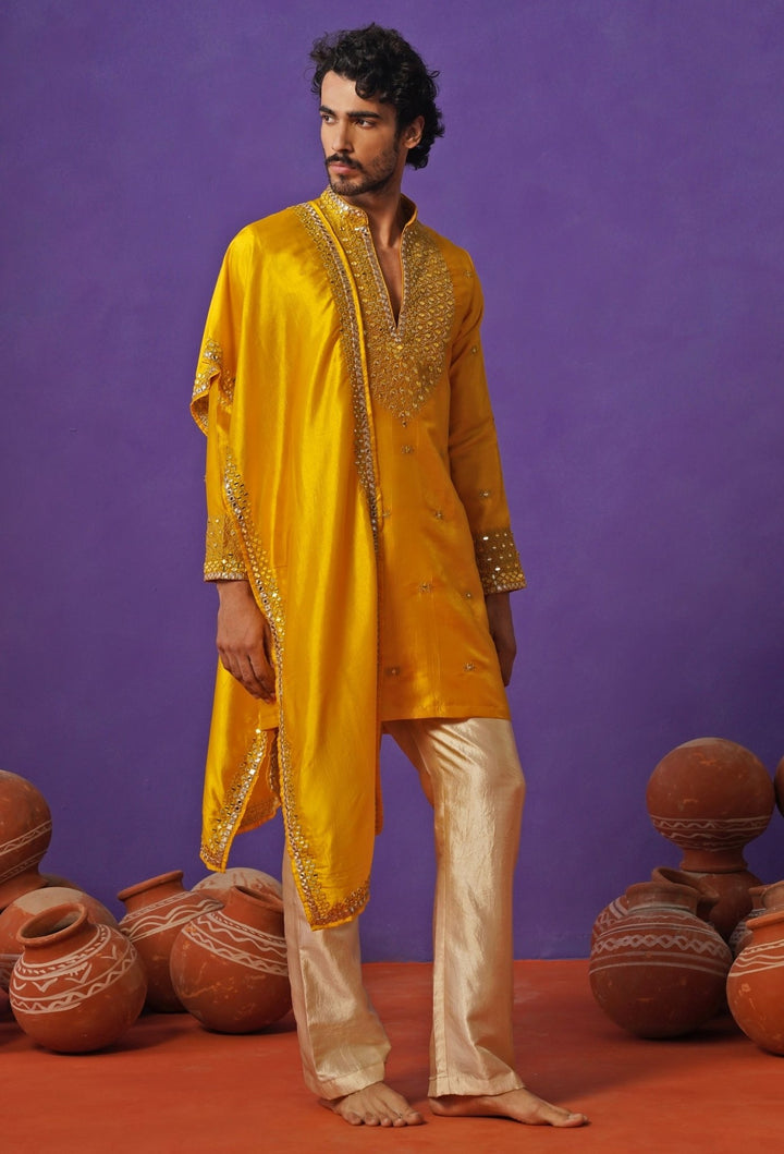 Kalpraag Yellow Silk Mirror Kurta Set with DupattaFabilicious Fashion
