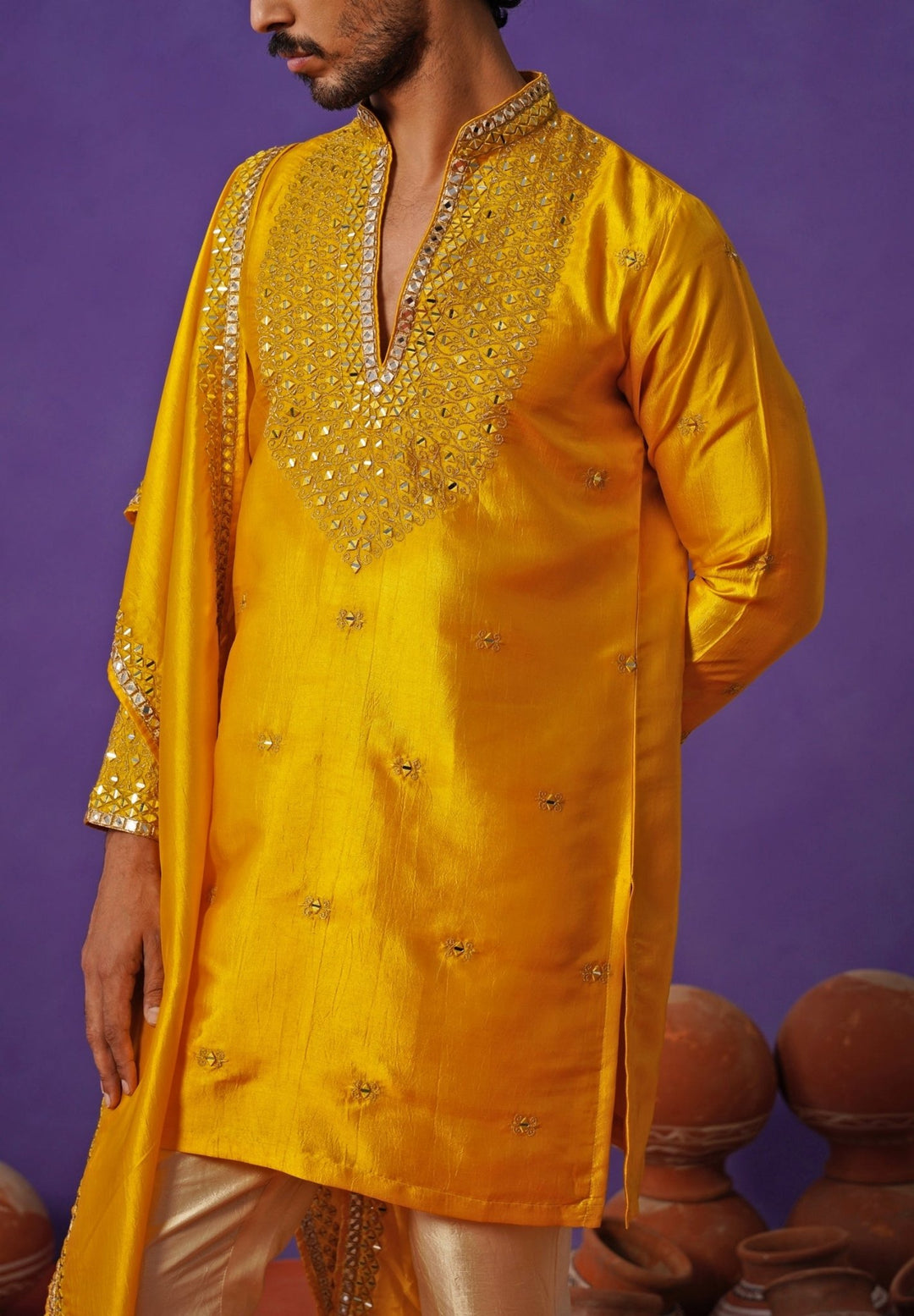 Kalpraag Yellow Silk Mirror Kurta Set with DupattaFabilicious Fashion