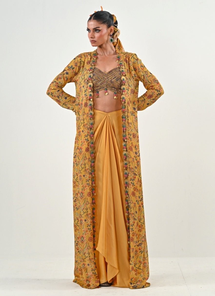 Yellow Silk Satin Dhoti Set With Embroidered Cape Juhi Bengani - Fabilicious Fashion
