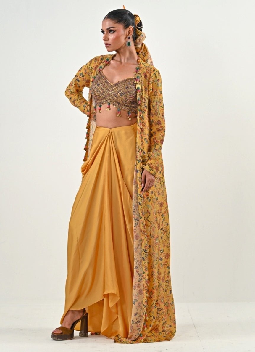 Yellow silk satin dhoti set with embroidered cape for haldi outfits