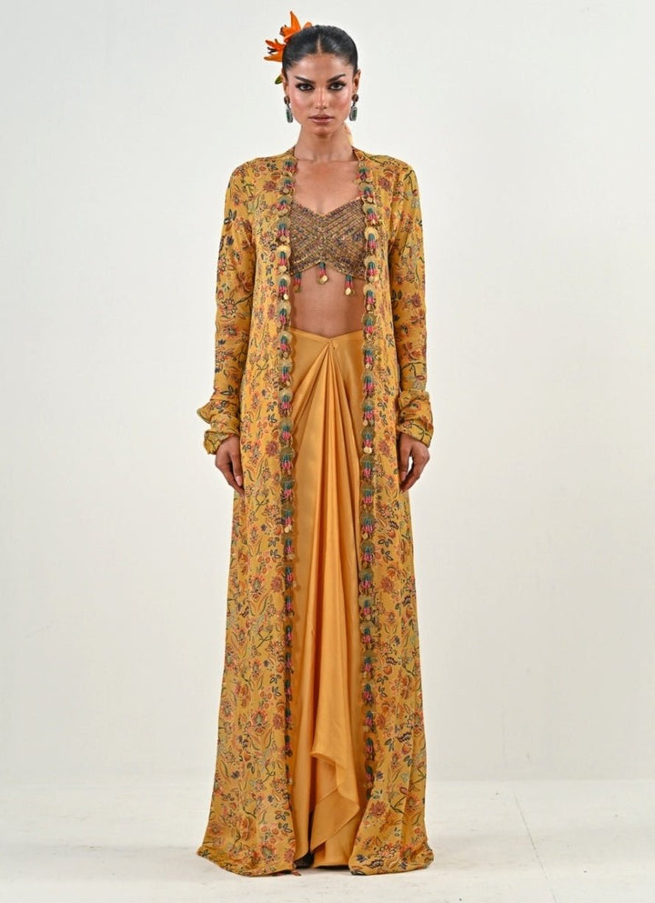 Yellow Silk Satin Dhoti Set With Embroidered Cape Juhi Bengani - Fabilicious Fashion