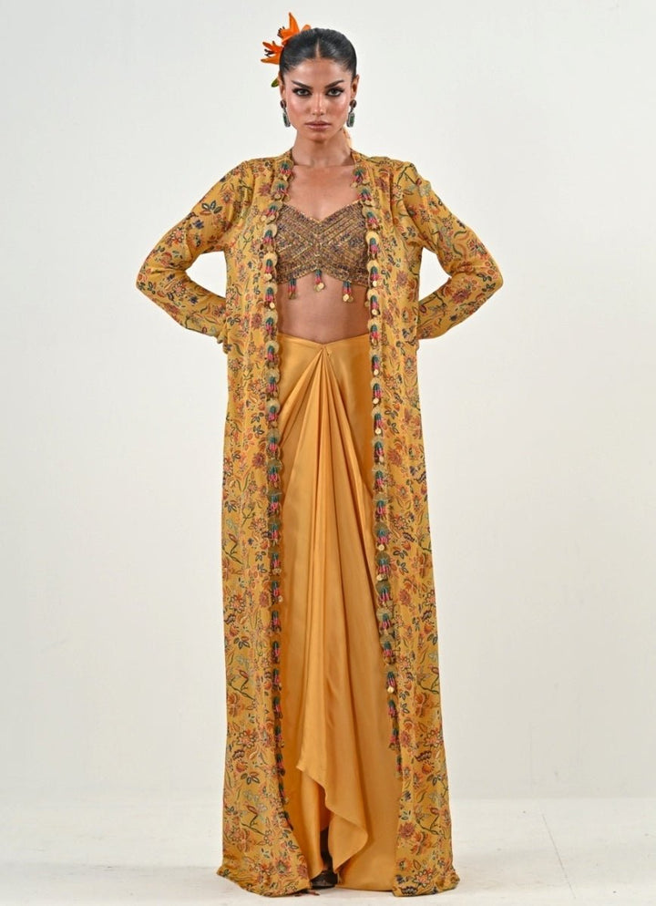 Yellow Silk Satin Dhoti Set With Embroidered Cape Juhi Bengani - Fabilicious Fashion