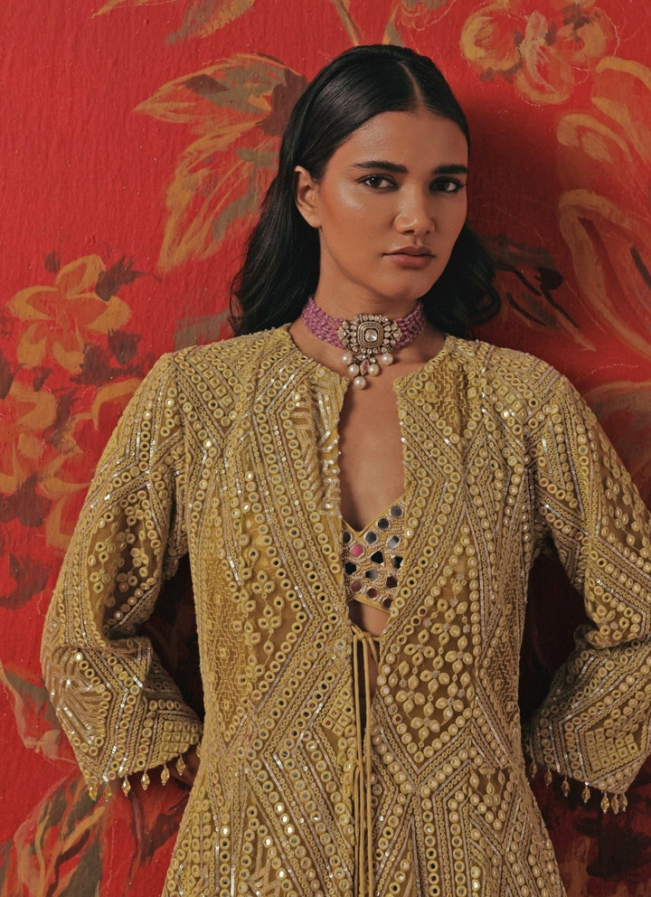 Twenty Nine Yellow Soft Net Mirrorwork Anarkali Jacket SetFabilicious Fashion
