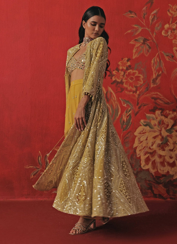 Twenty Nine Yellow Soft Net Mirrorwork Anarkali Jacket SetFabilicious Fashion