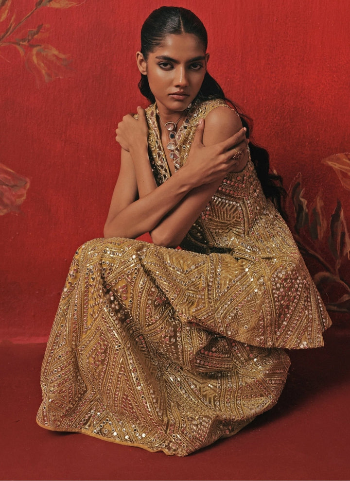 Twenty Nine Yellow Soft Net Mirrorwork Peplum Kurta Sharara SetFabilicious Fashion