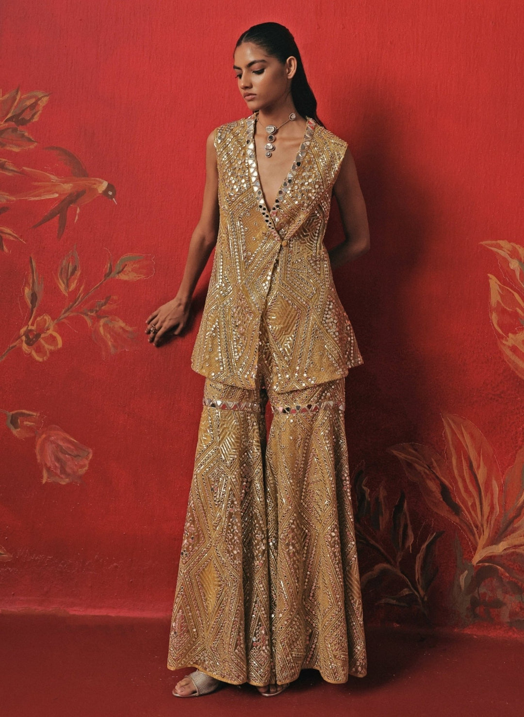 Twenty Nine Yellow Soft Net Mirrorwork Peplum Kurta Sharara SetFabilicious Fashion