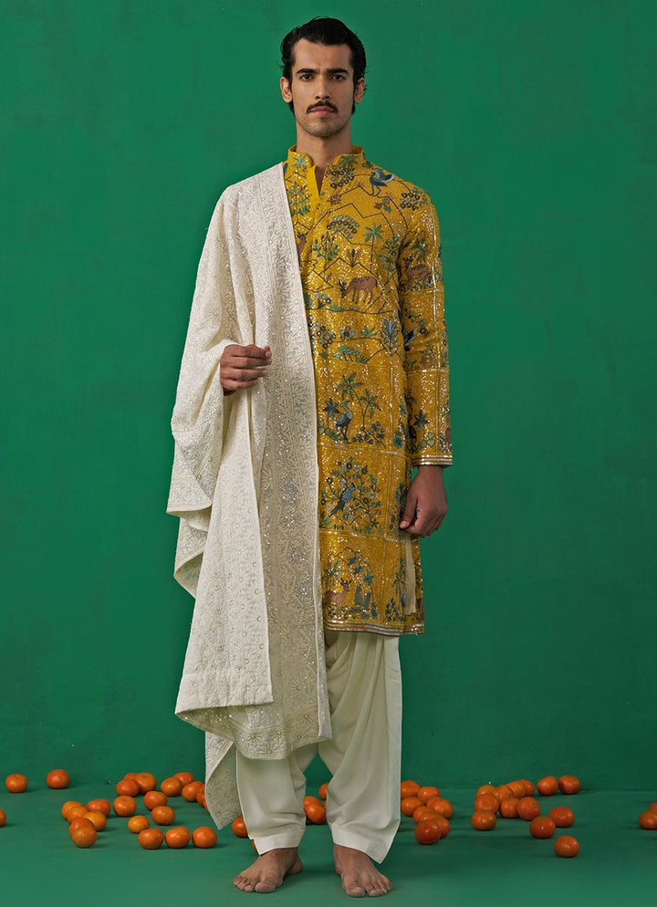 Yellow Swan Embroidered Georgette Kurta Set Kalpraag - Fabilicious Fashion