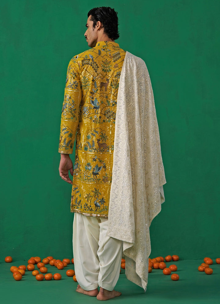 Yellow Swan Embroidered Georgette Kurta Set Kalpraag - Fabilicious Fashion