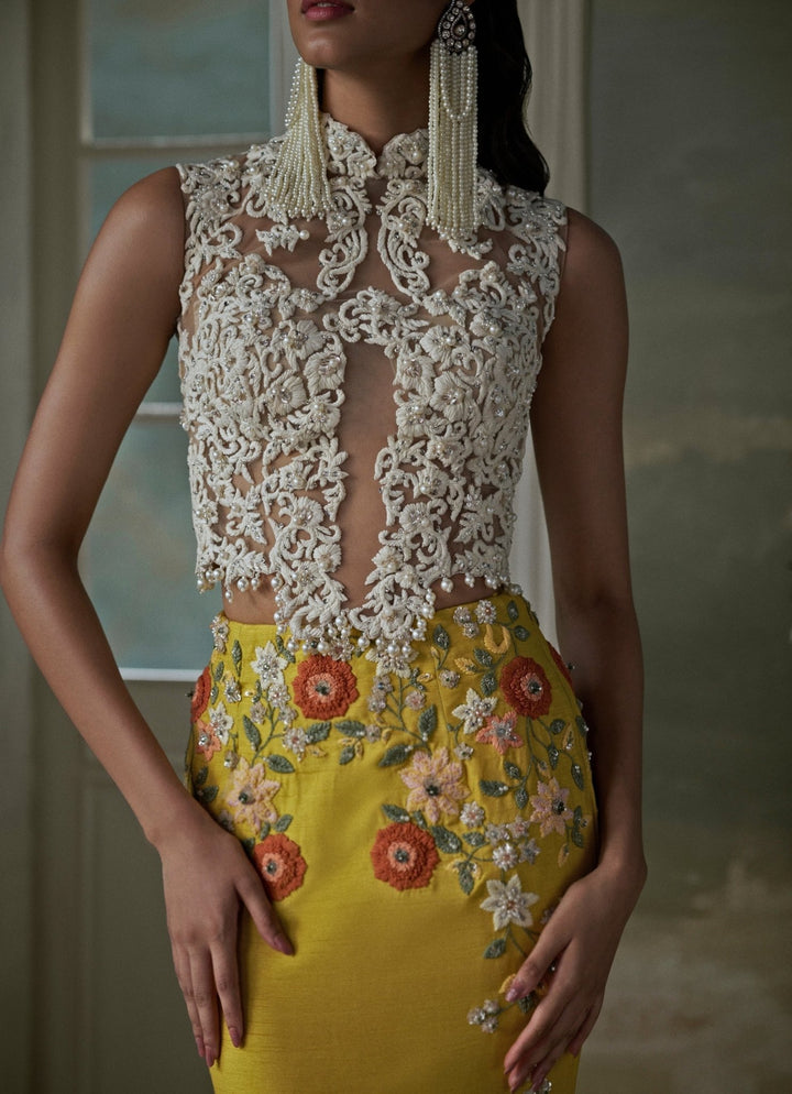 Yellow Taffeta Silk Mermaid Skirt With Ivory Corset Nitika Gujral - Fabilicious Fashion