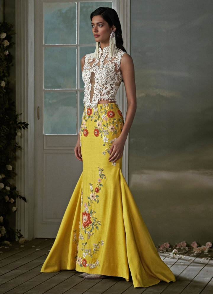 Yellow Taffeta Silk Mermaid Skirt With Ivory Corset Nitika Gujral - Fabilicious Fashion