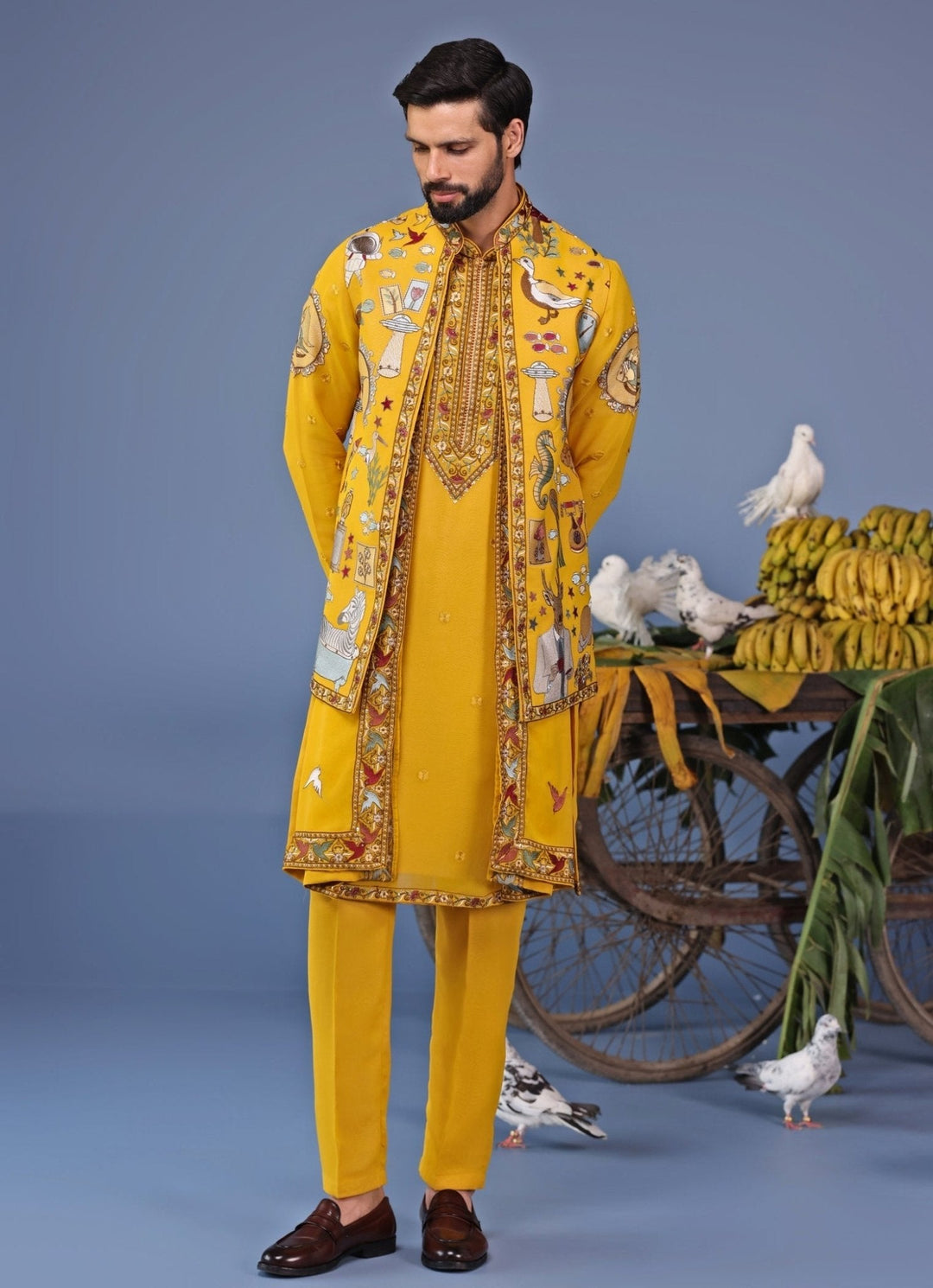 Yellow Thread Embroidered Georgette Kurta Jacket Set Kalpraag - Fabilicious Fashion
