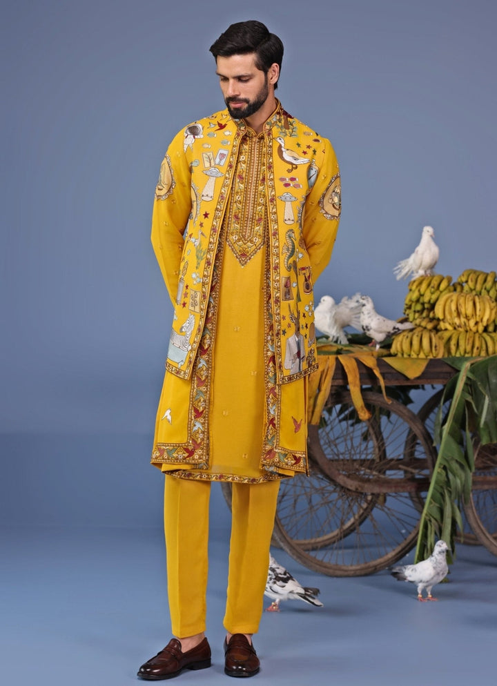 Yellow Thread Embroidered Georgette Kurta Jacket Set Kalpraag - Fabilicious Fashion