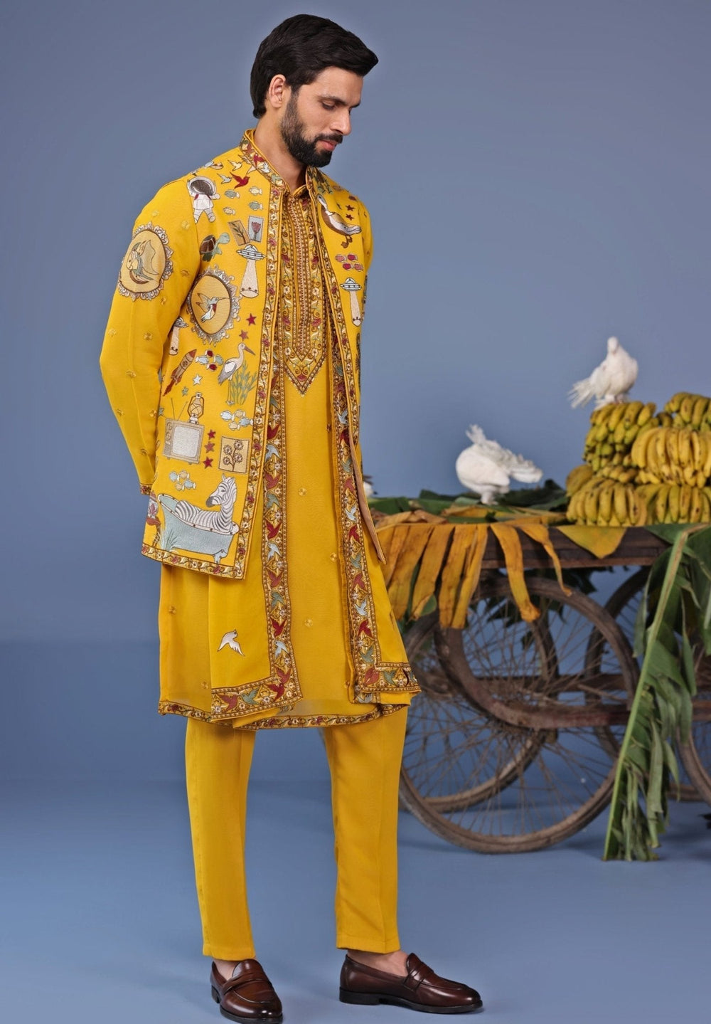 Yellow Thread Embroidered Georgette Kurta Jacket Set Kalpraag - Fabilicious Fashion