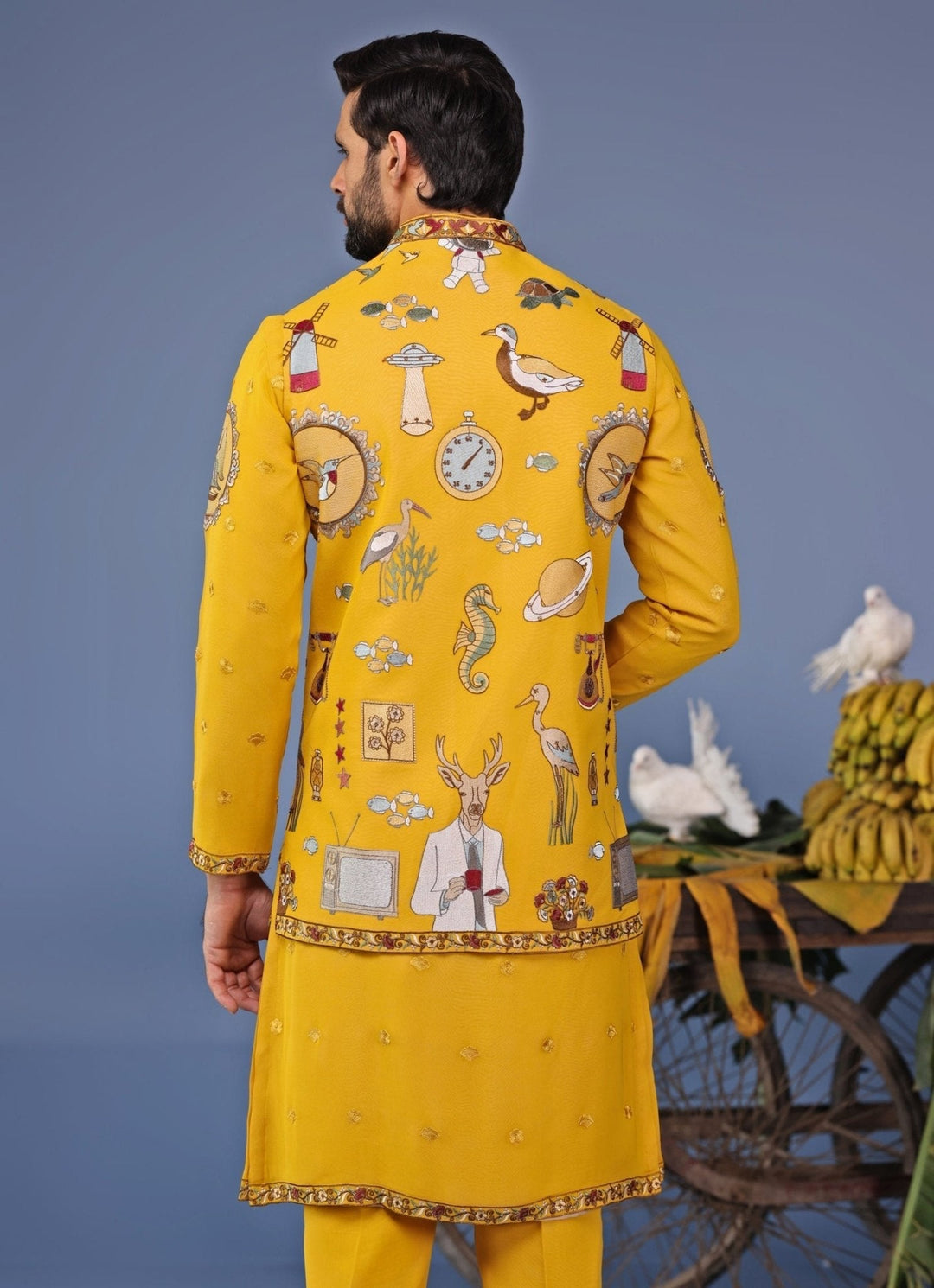 Yellow Thread Embroidered Georgette Kurta Jacket Set Kalpraag - Fabilicious Fashion
