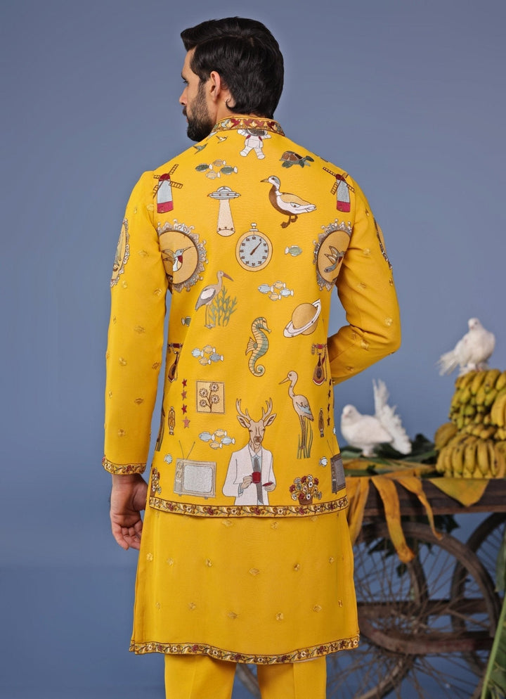 Yellow Thread Embroidered Georgette Kurta Jacket Set Kalpraag - Fabilicious Fashion