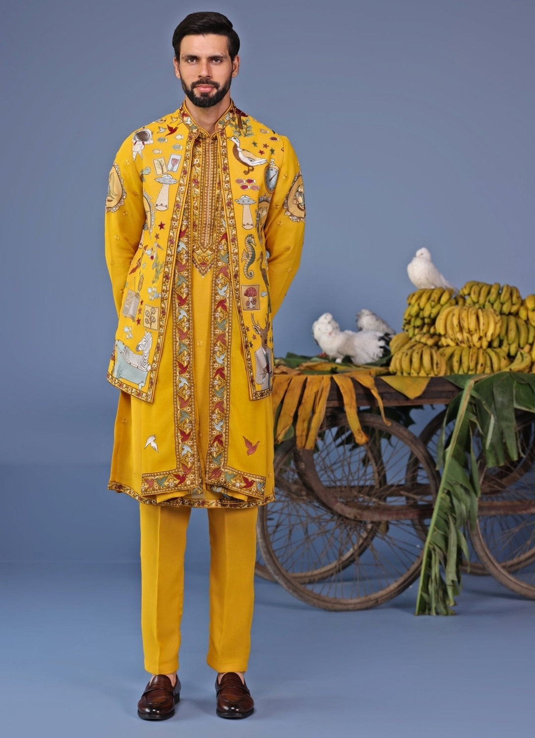 Yellow Thread Embroidered Georgette Kurta Jacket Set Kalpraag - Fabilicious Fashion