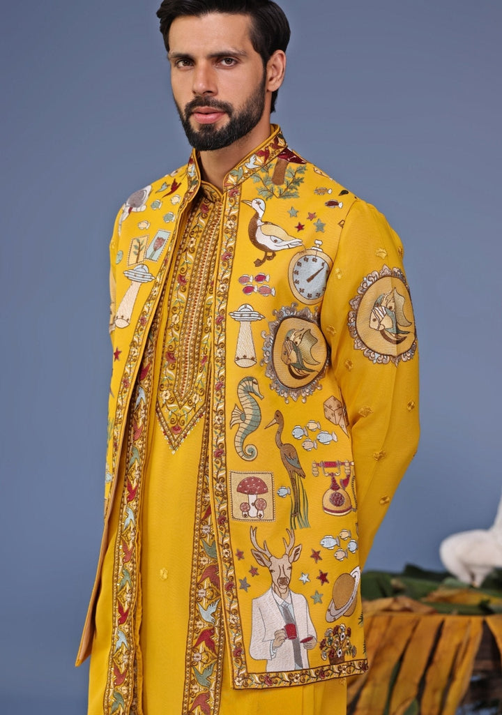 Yellow Thread Embroidered Georgette Kurta Jacket Set Kalpraag - Fabilicious Fashion