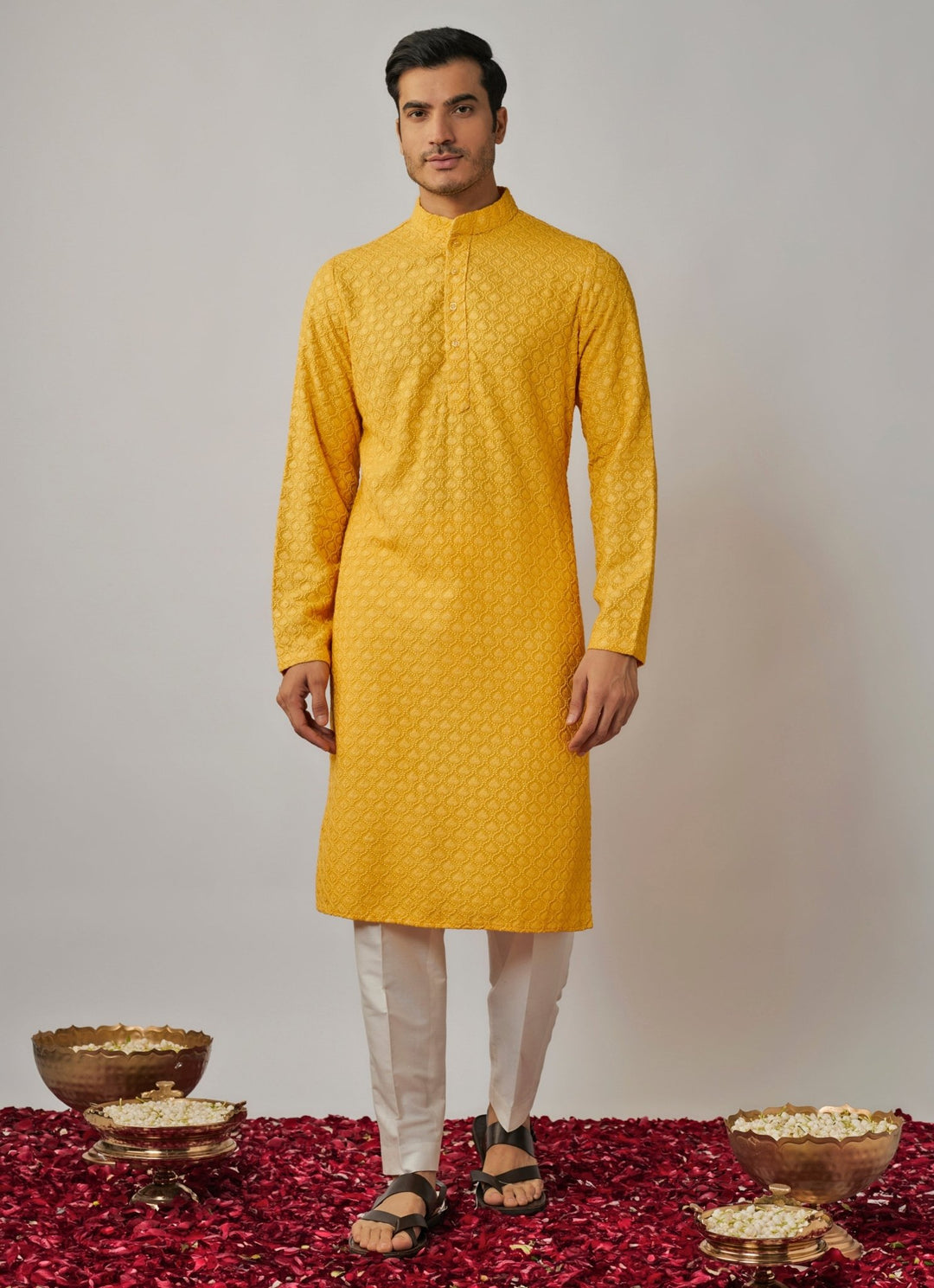 Yellow Thread Embroidered Kurta Pant Set Renee Label - Men - Fabilicious Fashion