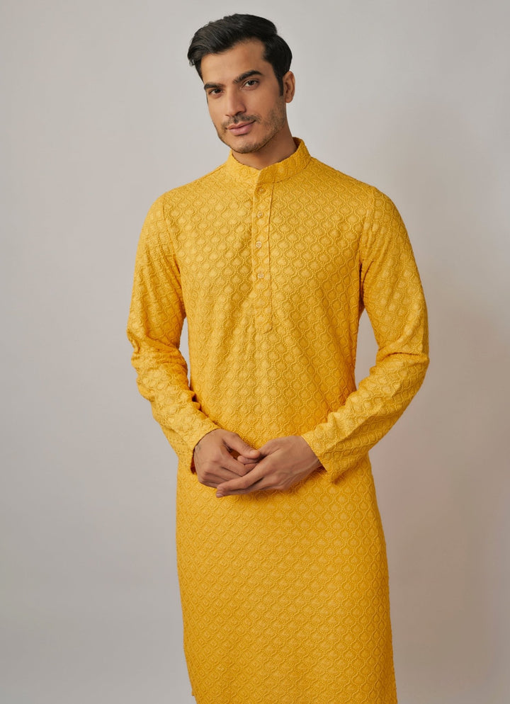Yellow Thread Embroidered Kurta Pant Set Renee Label - Men - Fabilicious Fashion