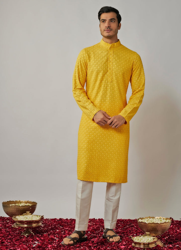 Yellow Thread Embroidered Kurta Pant Set Renee Label - Men - Fabilicious Fashion