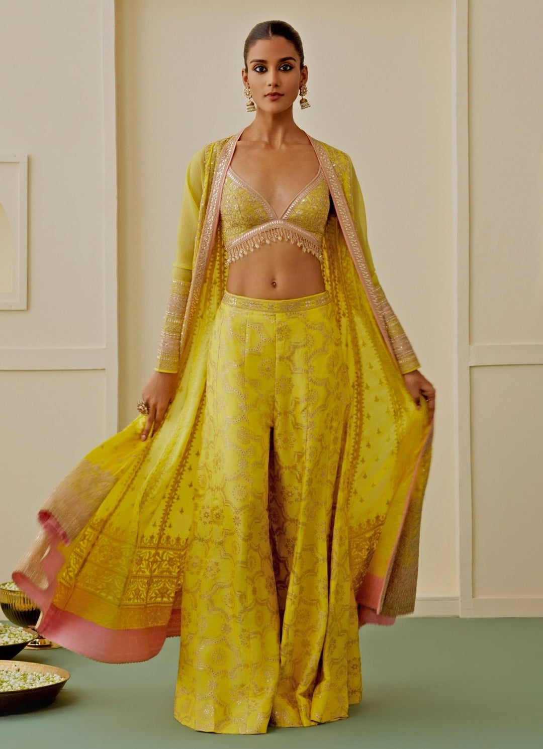 Gopi Vaid Yellow Tussar Anarkali Jacket SetFabilicious Fashion