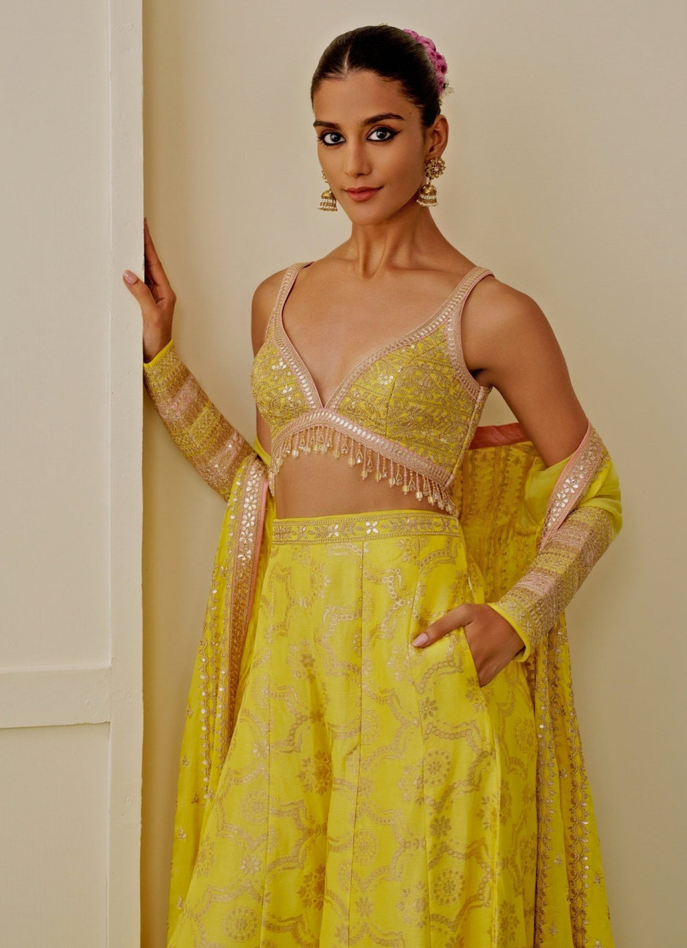 Gopi Vaid Yellow Tussar Anarkali Jacket SetFabilicious Fashion