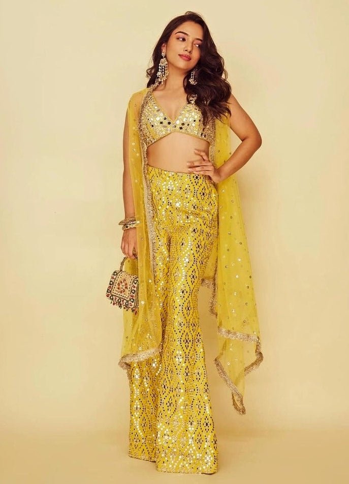 Gopi Vaid Yellow Tussar Blouse Sharara Set With CapeFabilicious Fashion
