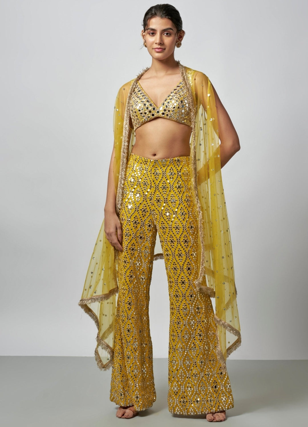 Gopi Vaid Yellow Tussar Blouse Sharara Set With CapeFabilicious Fashion