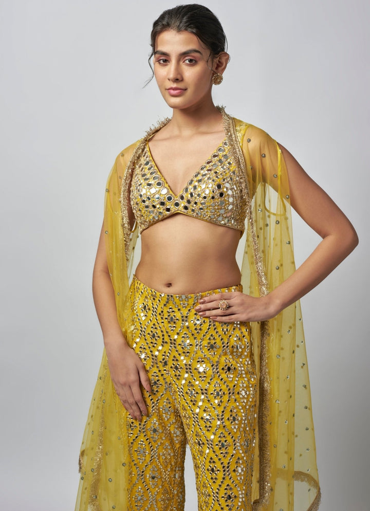 Gopi Vaid Yellow Tussar Blouse Sharara Set With CapeFabilicious Fashion