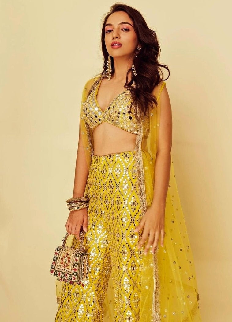Gopi Vaid Yellow Tussar Blouse Sharara Set With CapeFabilicious Fashion