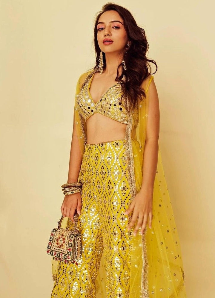 Gopi Vaid Yellow Tussar Blouse Sharara Set With CapeFabilicious Fashion