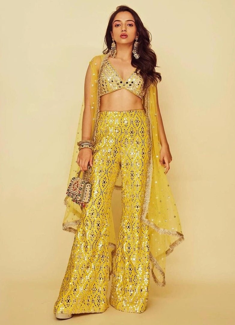 Gopi Vaid Yellow Tussar Blouse Sharara Set With CapeFabilicious Fashion