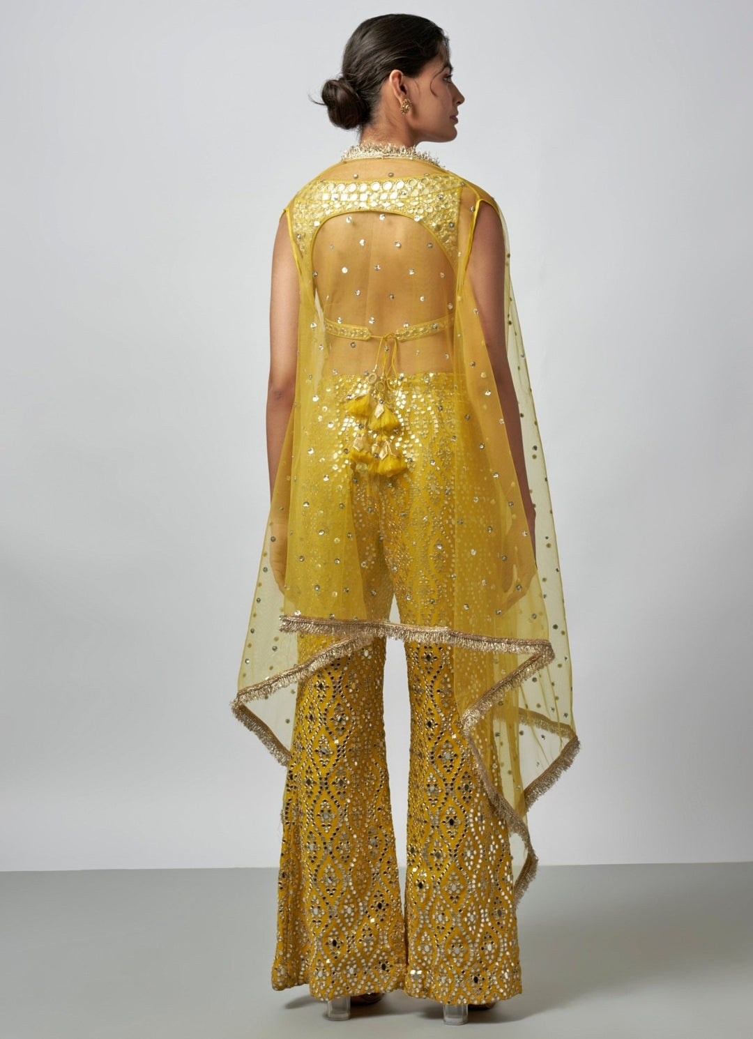 Gopi Vaid Yellow Tussar Blouse Sharara Set With CapeFabilicious Fashion