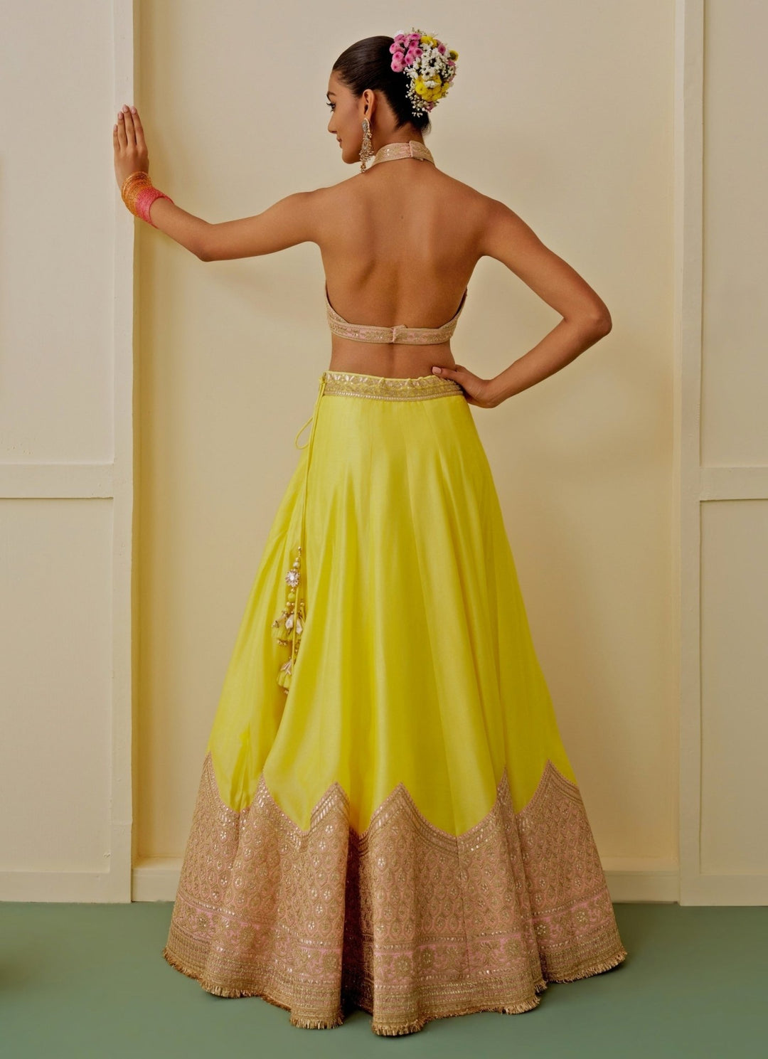 Gopi Vaid Yellow Tussar Lehenga Set With Halter BlouseFabilicious Fashion