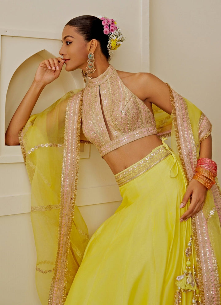 Gopi Vaid Yellow Tussar Lehenga Set With Halter BlouseFabilicious Fashion