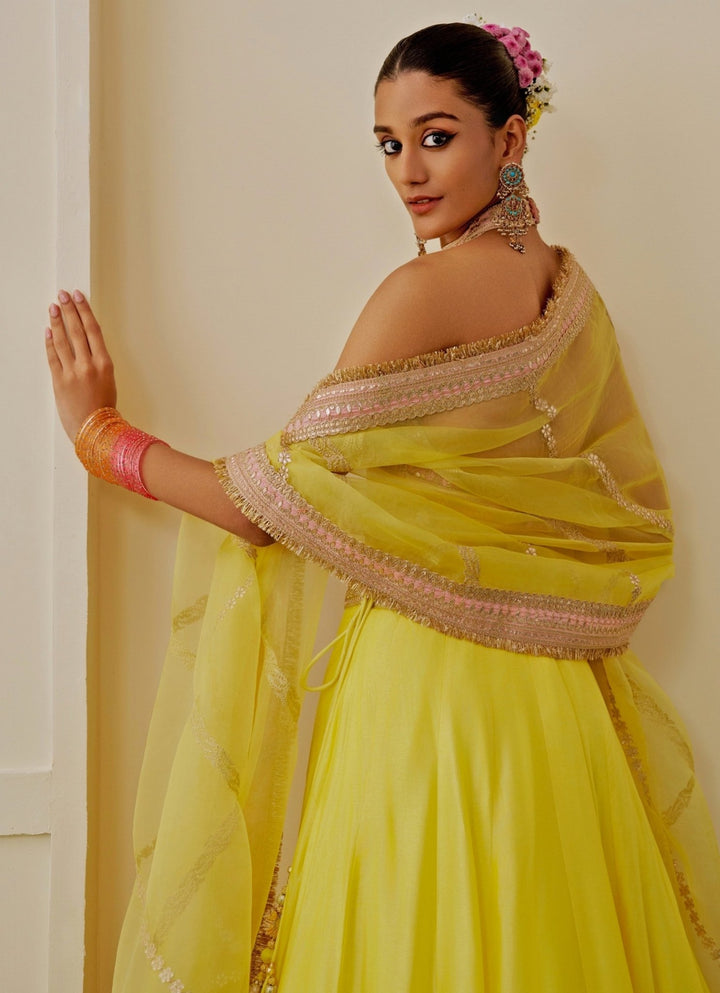 Gopi Vaid Yellow Tussar Lehenga Set With Halter BlouseFabilicious Fashion