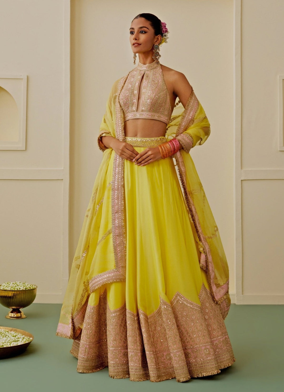 Gopi Vaid Yellow Tussar Lehenga Set With Halter BlouseFabilicious Fashion