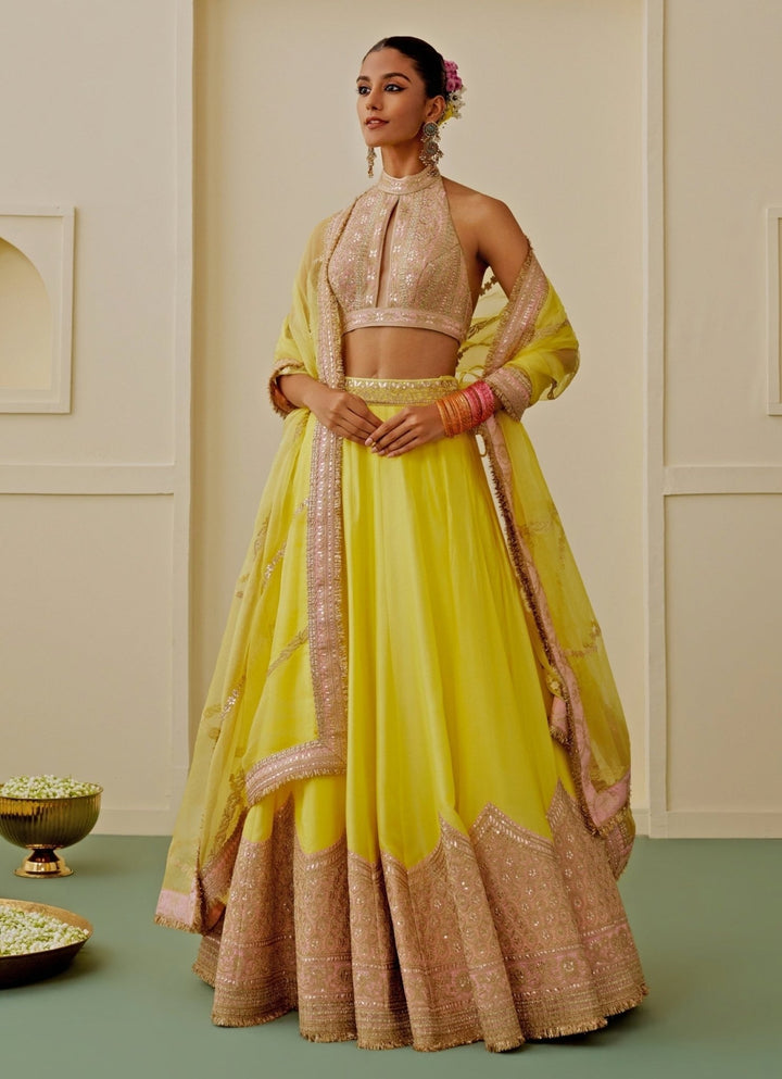 Gopi Vaid Yellow Tussar Lehenga Set With Halter BlouseFabilicious Fashion